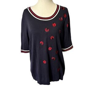 Talbots Oprah Magazine Ladybug Short Sleeve Sweater Medium Navy and Red